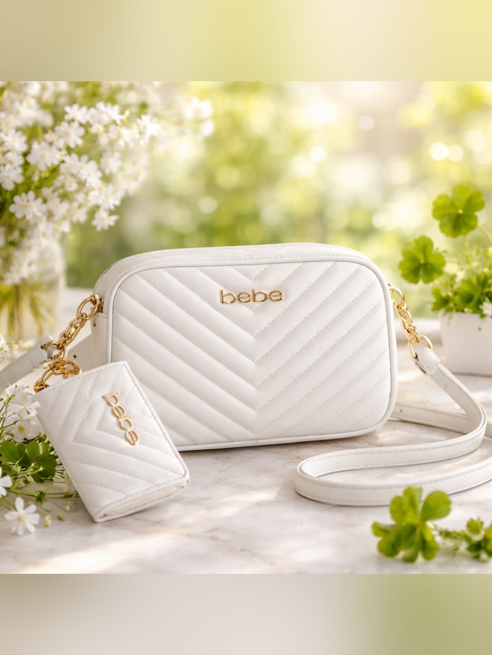 NWT bebe White Quilted Crossbody with Gold Hardware and Card Holder